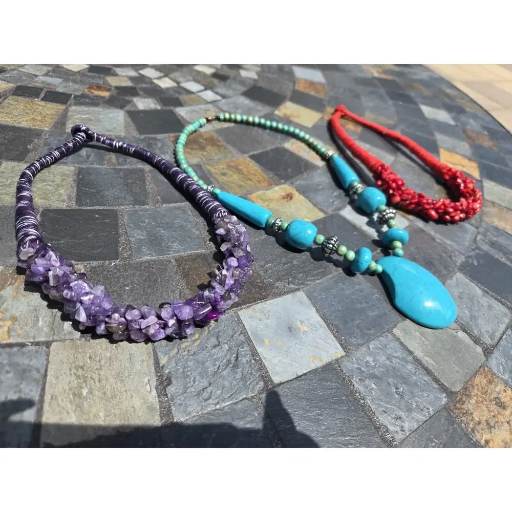 Boho roap, beaded Necklaces Set Of 3 Vintage Purple Blue & Red Costume Jelwery